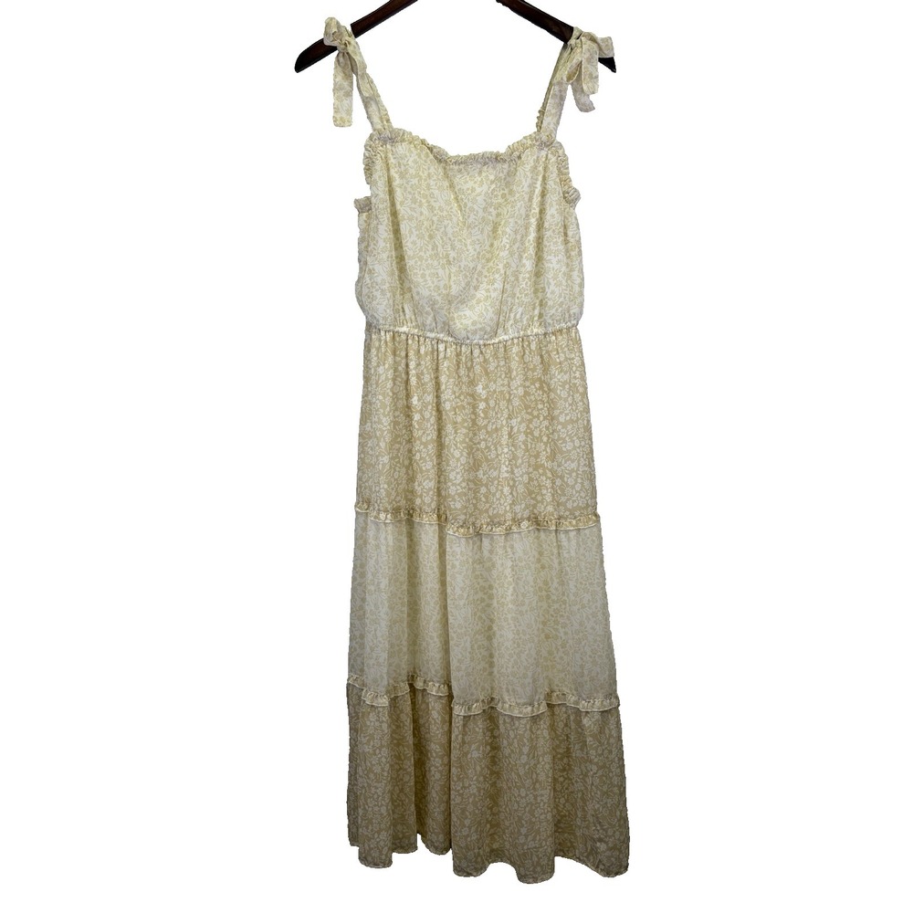 Sincerely Jules Tiered Midi Dress Size L Cream Tan Floral Cottage Core Peasant‎